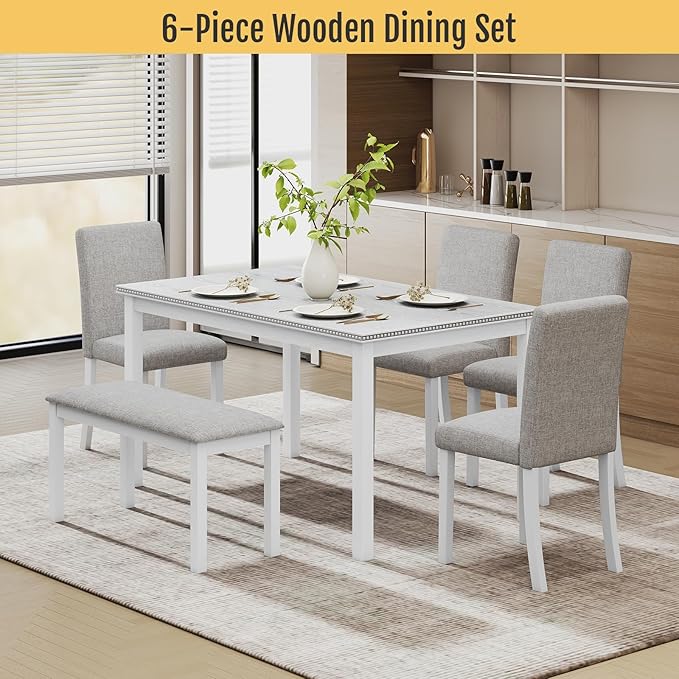 6-Piece Solid Wood Dining Table Set, Including 1 Dining Table, 4 Upholstered - Image 7