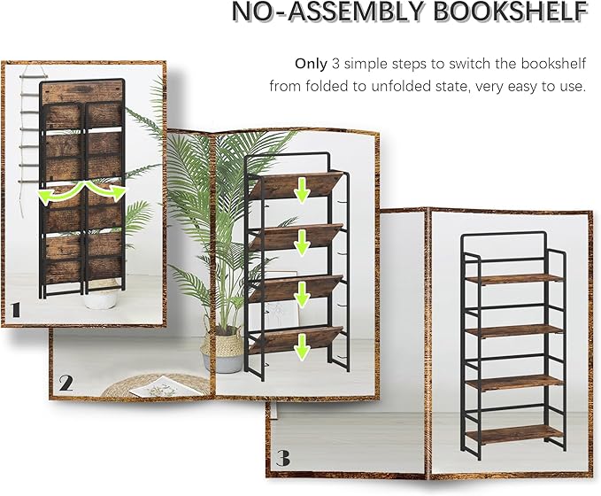 4NM No Assembly Folding Bookshelf, 4-Shelf 54" H Collapsible Foldable Bookcase - Image 4