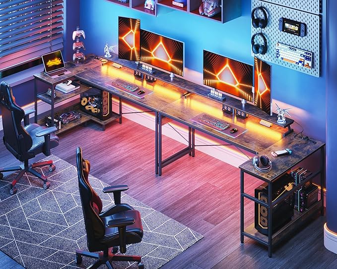 ODK 66 Inch Gaming Desk with USB Charging Ports and LED Lights, Reversible L - Image 2