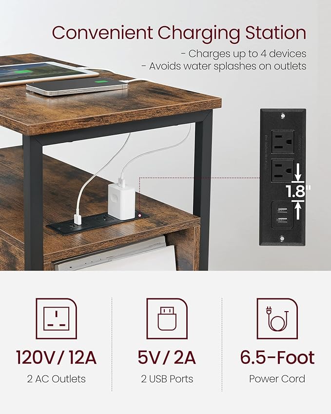 VASAGLE Side Table with Charging Station, Narrow End Table with 2 Drawers - Image 4