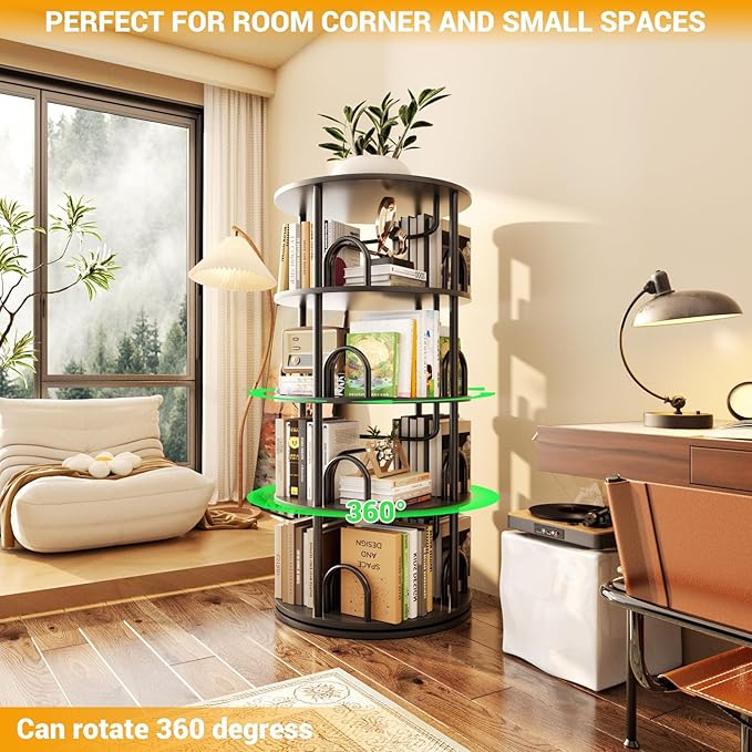Aheaplus 4 Tier Rotating Bookshelf Tower, 360 Display Spinning Bookcase - Image 7