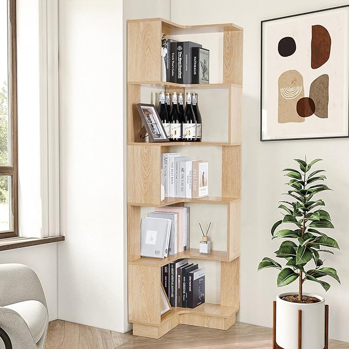 Wooden Corner Bookcase, 5 Tiers Corner Bookshelf 68.9" L-Shaped Storage Display - Image 3