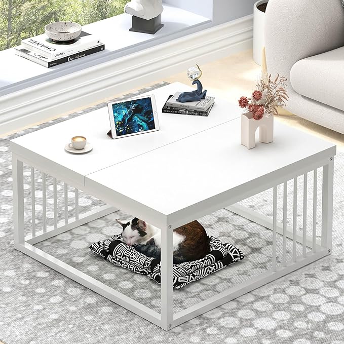 FOLUBAN White Coffee Table, Modern Rustic Wood and Metal Center Table, by FOLUBAN