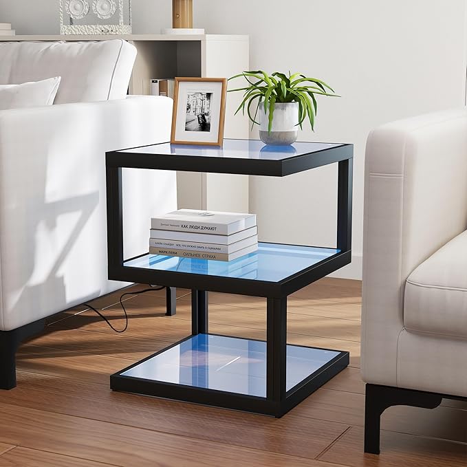 3-Tier Glass Table with LED Strip, Unique S-Shaped Design SideTable, Moderen - Image 3