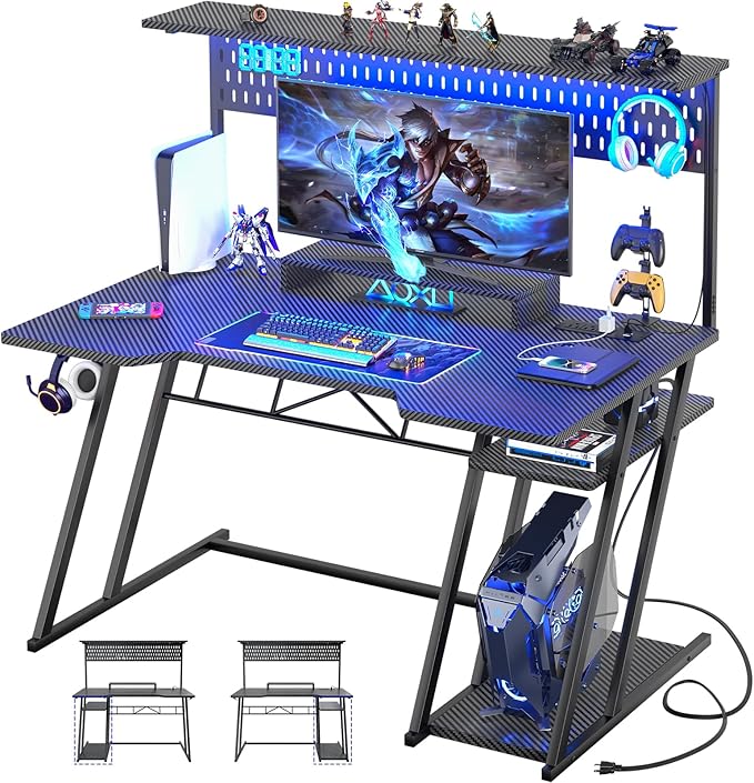 Gaming Computer Desk with Shelves and Outlets, Gaming Desk with Hutch and LED by Armocity