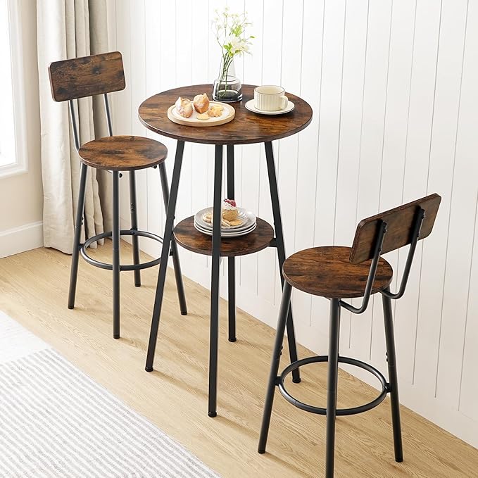 HOOBRO 3 Pieces Round Bar Height Table and Chairs Set, Round Dining Table Set - Image 3