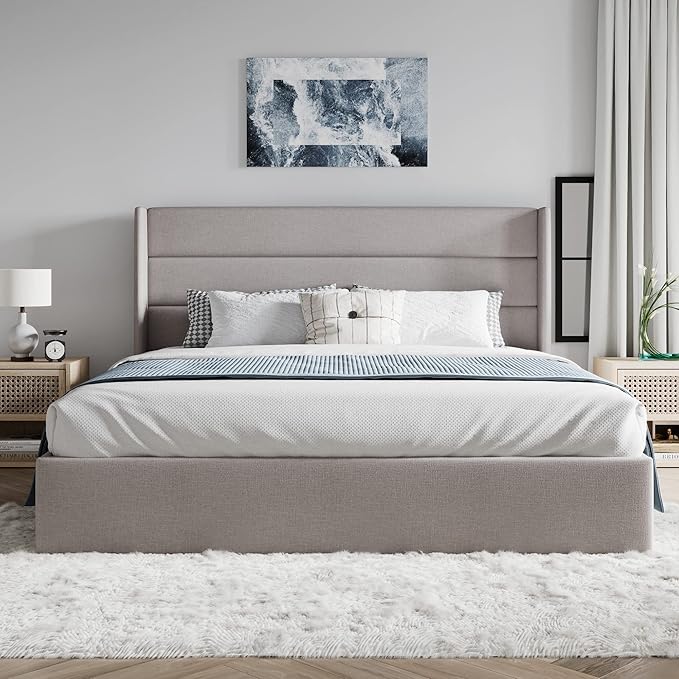 SHA CERLIN Queen Size Lift Up Storage Bed/Modern Wingback Headboard/Upholstered - Image 3