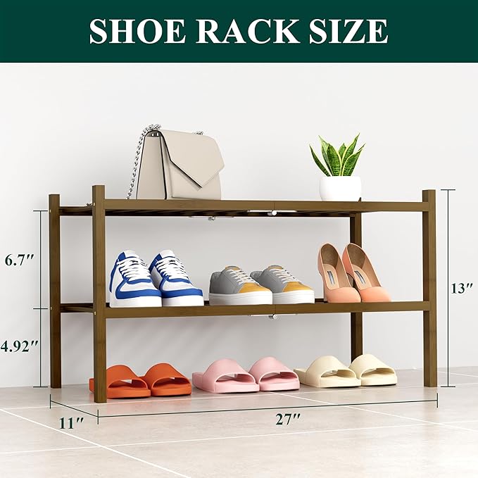 Smiry Shoe Rack, 2 Tier Thick Bamboo Shoe Organizer, Stackable Free Standing - Image 2