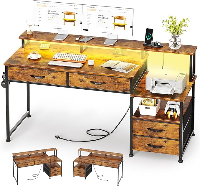 53" Computer Desk with 4 Drawers & Power Outlets, Reversible Home Office Desk by MUTUN