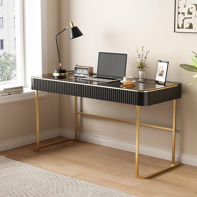 Lartis Modern Office Desk with Drawers, Glass Top Makeup Vanity Without Mirror - Image 6
