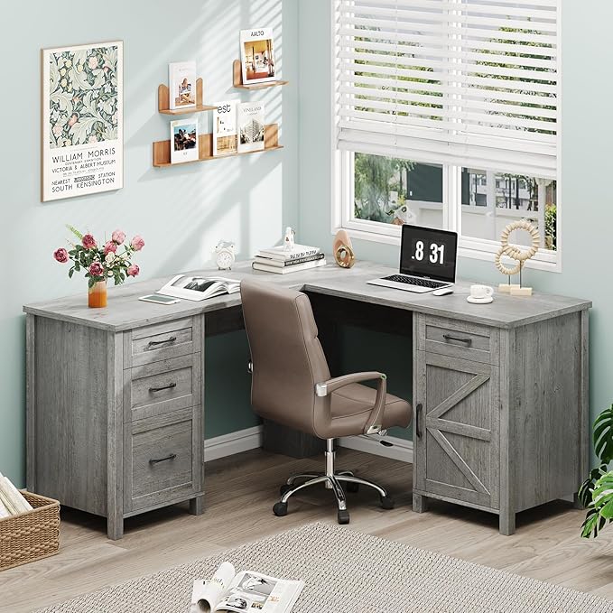 59” L Shaped Executive Desk with Power Outlets, Farmhouse Home Office Desk - Image 7