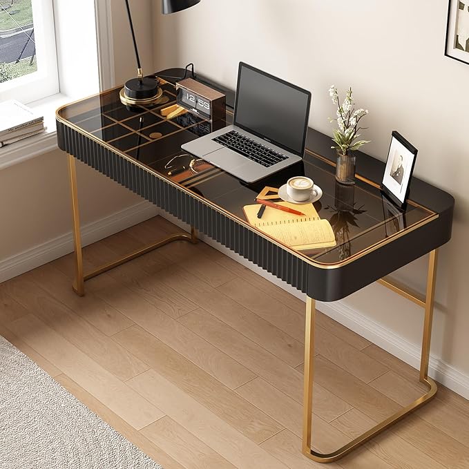 Lartis Modern Office Desk with Drawers, Glass Top Makeup Vanity Without Mirror by Lartis