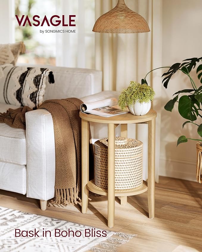 VASAGLE Round Side End Table, 2-Tier Boho Bedside Table - Image 2