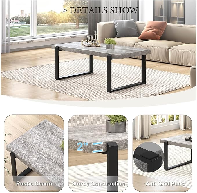 FOLUBAN Modern Coffee Table, Rustic Wood and Metal Center Table, Rectangle - Image 5