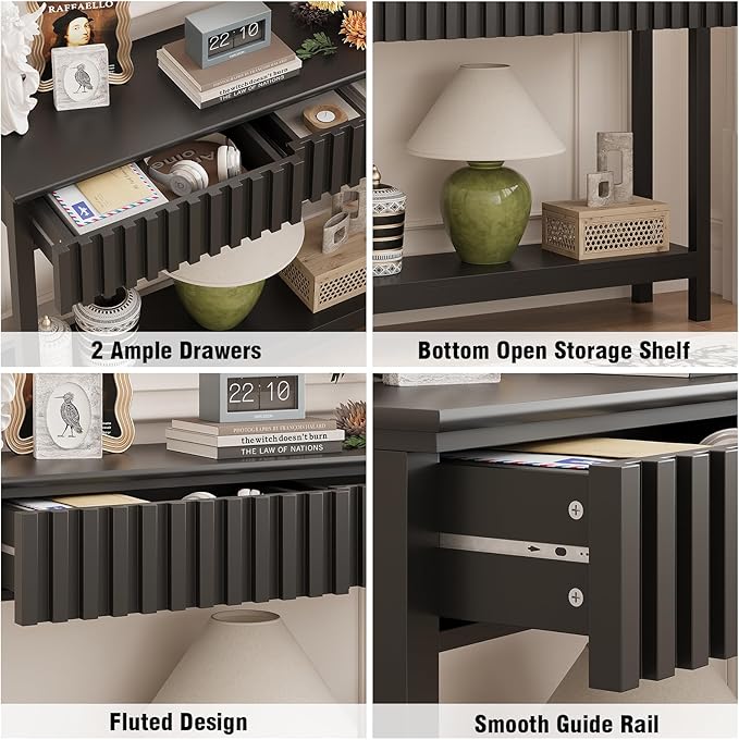 Fluted Console Table with 2 Drawers Narrow Sofa Table with Open Storage Shelf - Image 5