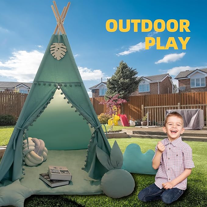 Teepee Tent for Kids with Mat, Star Lights, Carry Case, Cotton Canvas Playhouse - Image 7