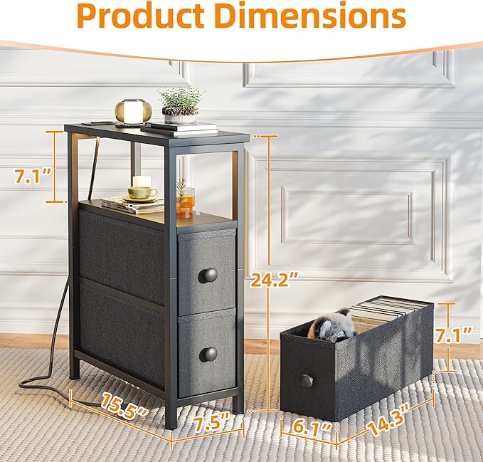 TIQLAB End Table with Charging Station, Narrow Side Table with 2 Fabric Drawers - Image 3