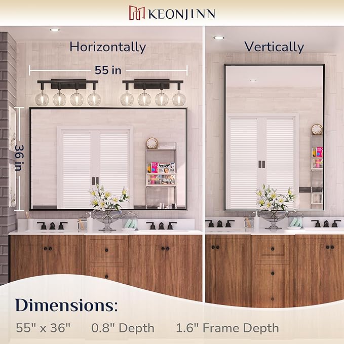 Keonjinn Black Mirror for Bathroom 55 x 36 Inch Rectangle Mirror Large Matte - Image 7