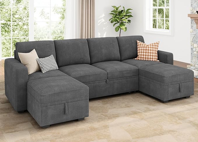 HONBAY Modular Sectional Sleeper Sofa Bed, Corduroy Pull Out Couch - Image 7