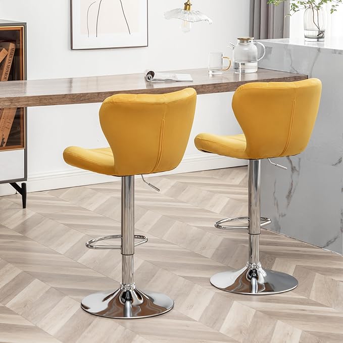 Roundhill Furniture Ellston Velvet Adjustable Swivel Barstools in Yellow - Image 4
