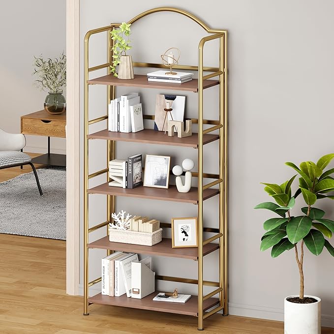 No-Assembly Gold Folding Bookshelf Storage Shelves 5 Tiers Vintage - Image 4