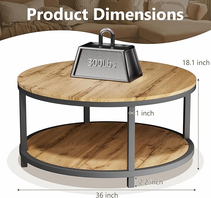 NSdirect Round Coffee Table, 36in Rustic Wooden Surface Top & Sturdy Metal Legs - Image 2