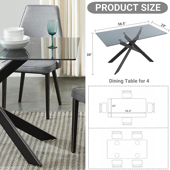 Modern Style Dining Table with Gray Tempered Glass Top and Black Metal Tubular - Image 2