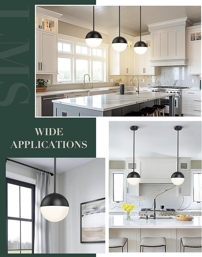 LMS 8-inch Black Pendant Lights Kitchen Island, Modern Globe Pendant Light - Image 5