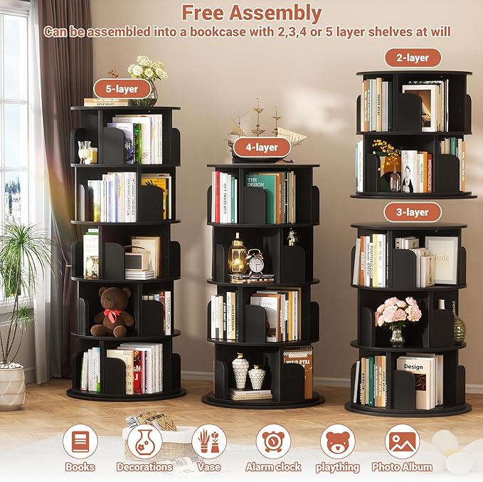 Rotating Bookshelf Tower, 5 Tier Spinning Bookcase, Revolving 360 Book Shelf - Image 6