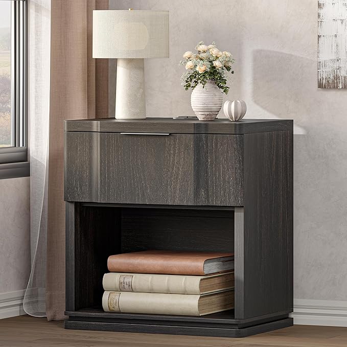 Nightstand with Charging Station, Wooden Curved Night Stand Bedside Tables with by MECHYIN