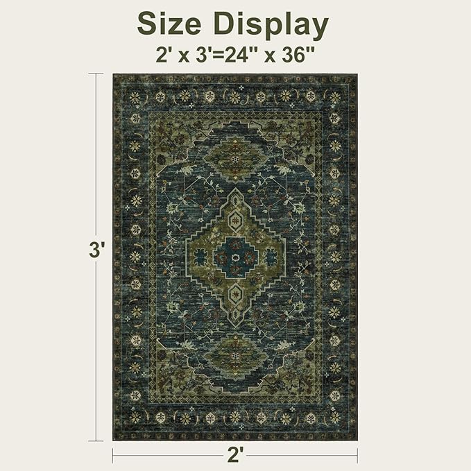 Tangsoo Washable Entryway Rugs Vintage Olive Green Rug 2x3 Non Slip Small Area - Image 2
