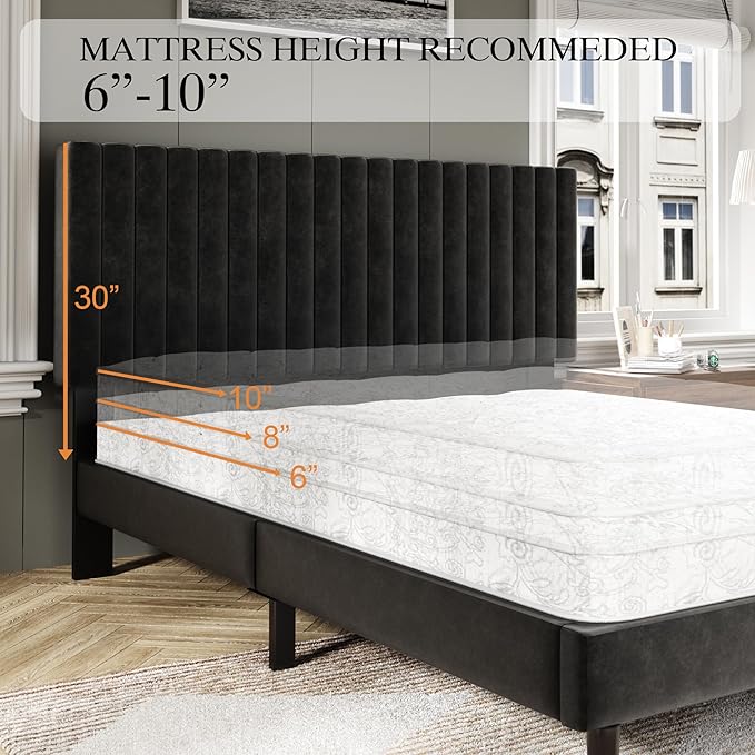 Full Size Bed Frame with Velvet Upholstered Headboard, Platform Bed with Strong - Image 7