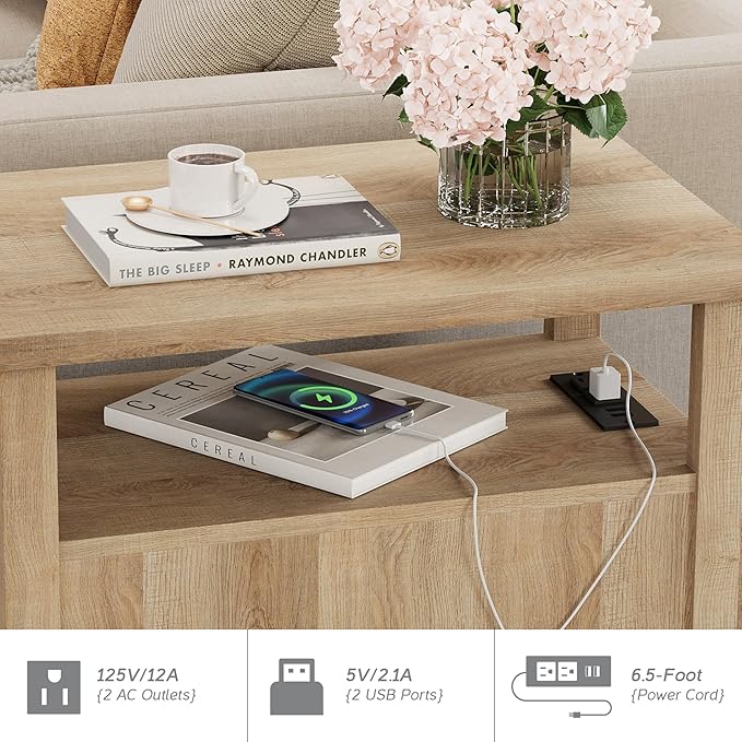 WAMPAT Oak End Table with Charging Station, Sofa Side Table with Storage Cabinet - Image 5