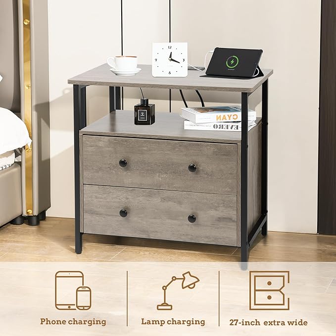 27 inch Wide Nightstand with Charging Station, Bedside Table with Open Shelf - Image 4