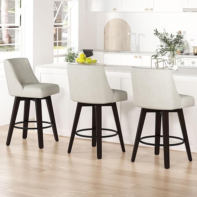 Counter Height Swivel Bar Stools Set of 2, Fabric in Ivory White - Image 2