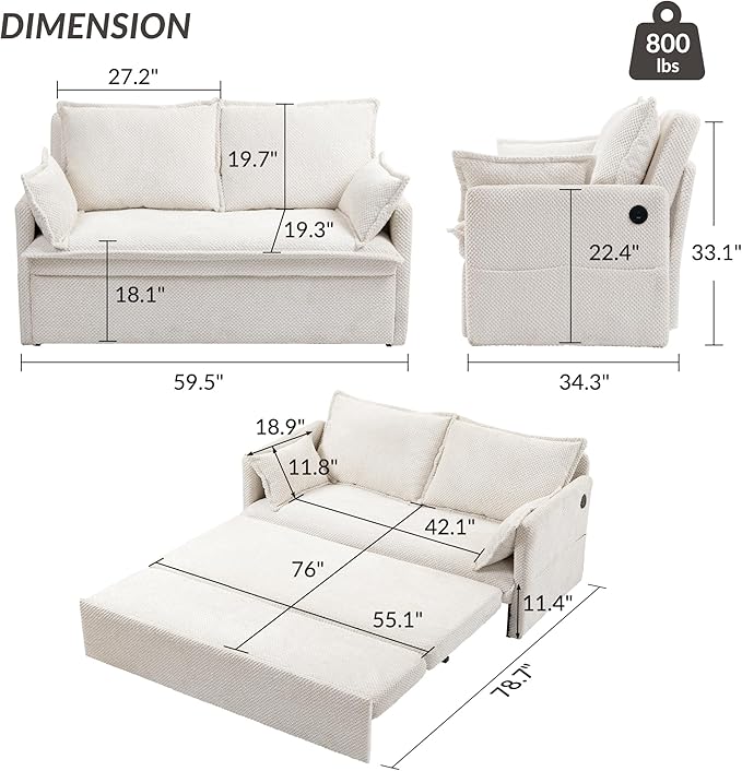 Furnimart 59.5" Queen Size Pull Out Sofa Bed, 3 in 1 Convertible Sleeper Bed - Image 3
