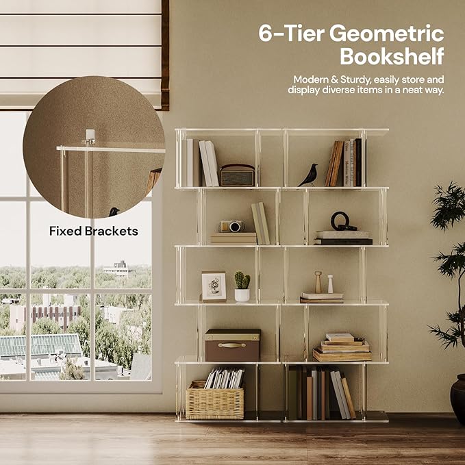 Acrylic Geometric Bookshelf, 6-Tier Clear Bookcase, S Shaped Bookshelf - Image 4