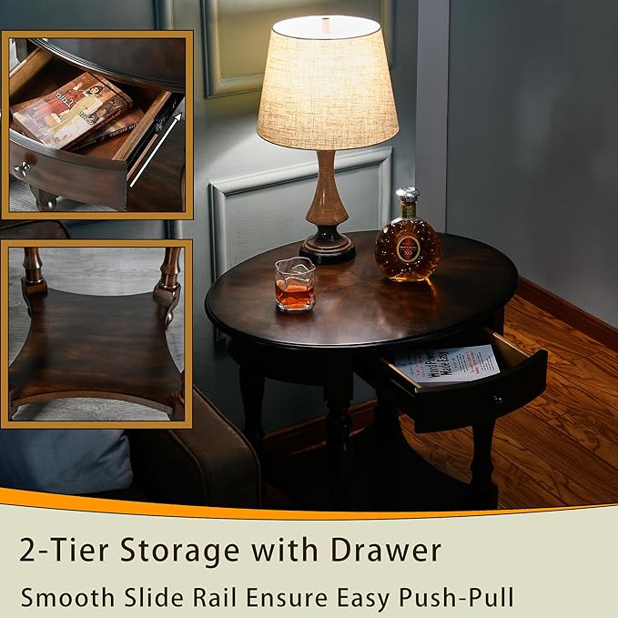 MODERION Oval End Table with Drawer, Solid Wood Sofa Side Table with Storage - Image 4