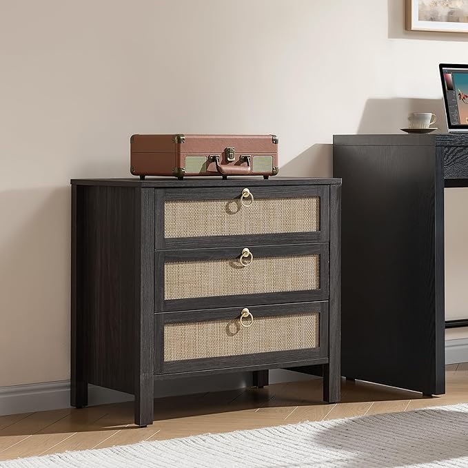 SICOTAS Night Stand with Drawers, Large Rattan Bedside Table with Golden Handle - Image 6