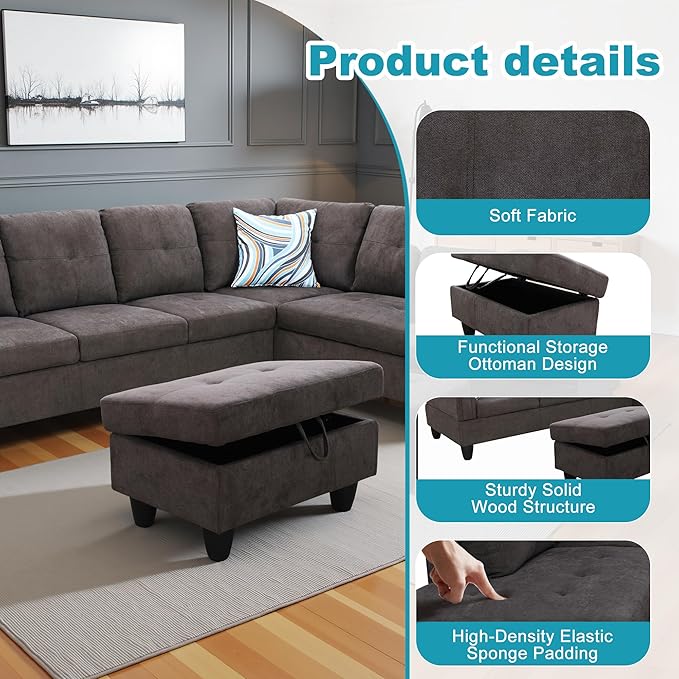 Couches for Living Room Modern L Shaped Couch Comfy Fluffy Fabric 3 Pieces - Image 5