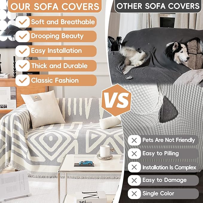STACYPIK Dark Gray Couch Cover, Boho Chenille Sofa Covers Pet-Friendly - Image 5