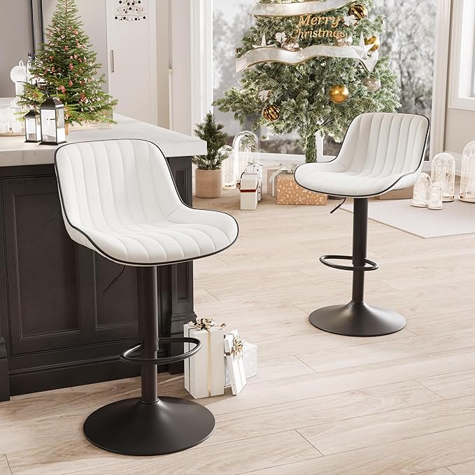 YOUNIKE White Bar Stools Set of 2 Kitchen Counter Height Barstools Upholstered by YOUNIKE