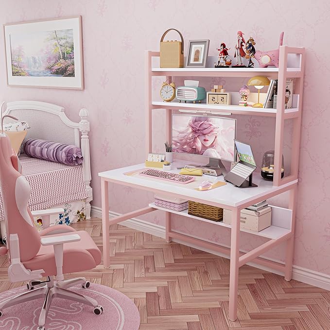 Aquzee Pink Desk with Hutch for Girls, 47in Computer Desk with Bookshelf for - Image 6