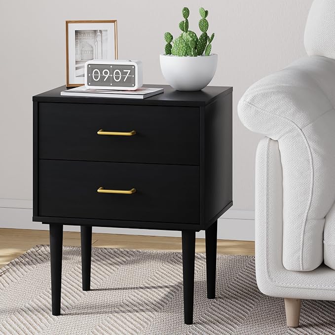 Black Nightstand with 2 Drawers, Modern Night Stand Black, Wooden Night Stands - Image 5
