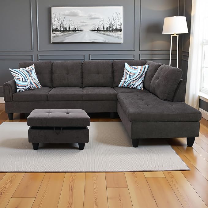 Couches for Living Room Modern L Shaped Couch Comfy Fluffy Fabric 3 Pieces by LynginsCreativeLife