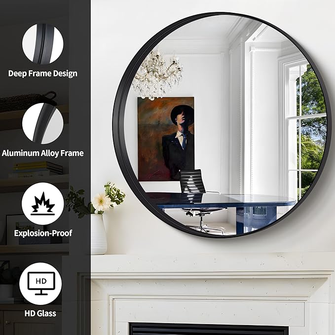 Black Round Mirror 36 inch Deep Frame Circle Mirror, Metal Framed Bathroom - Image 4