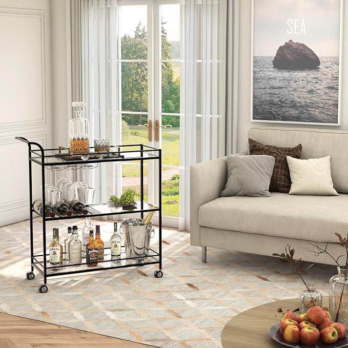 Black Bar Cart, Home Bar Serving Cart - Image 9