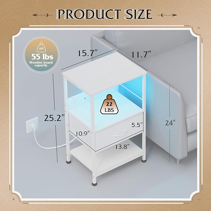 WLIVE White Night Stand with Charging Station, LED Nightstand with Adjustable - Image 3