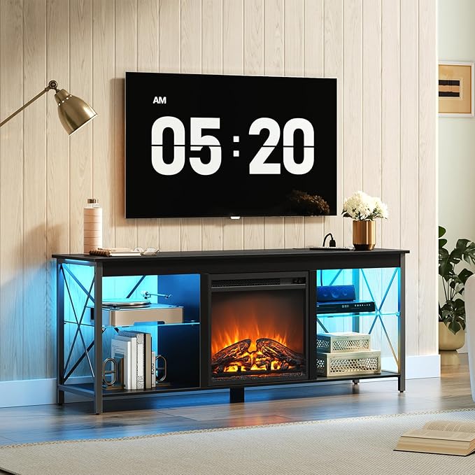 HOOBRO Fireplace TV Stand with Charging Station and LED Lights, TV Stand with - Image 3