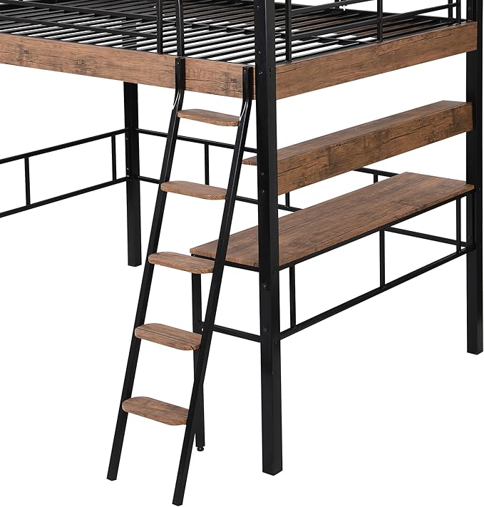 Metal Full Size Loft Bed with Built-in Desk, Storage Shelf and Ladder, - Image 5